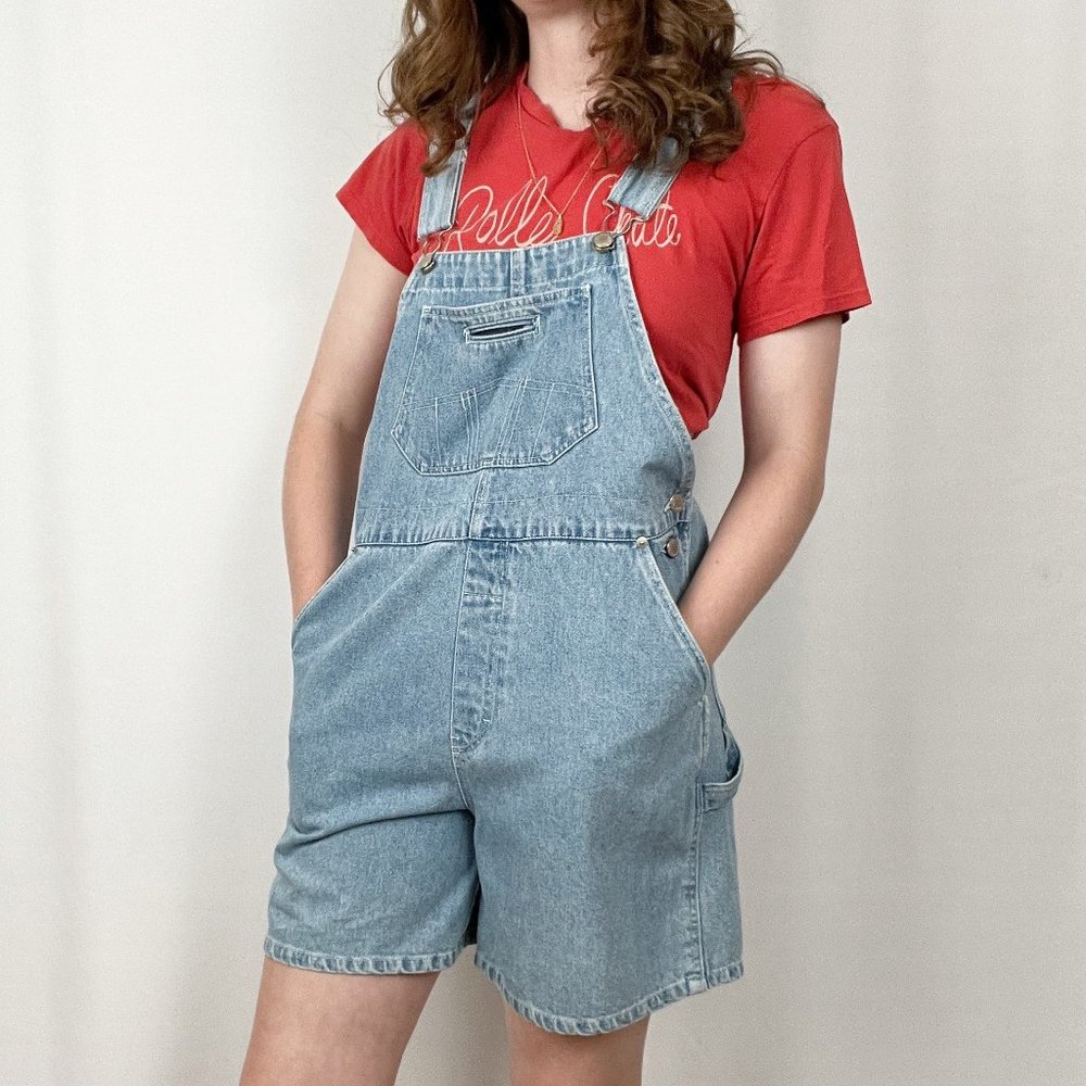Vintage Oversized Rigid Denim High Rise Straight Leg Jean Romper Overall Shorts - Picture 1 of 10